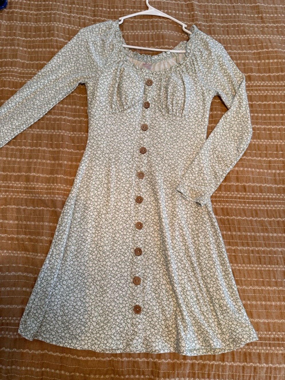 Floral Button-Front Long Sleeve Dress in Sage Green